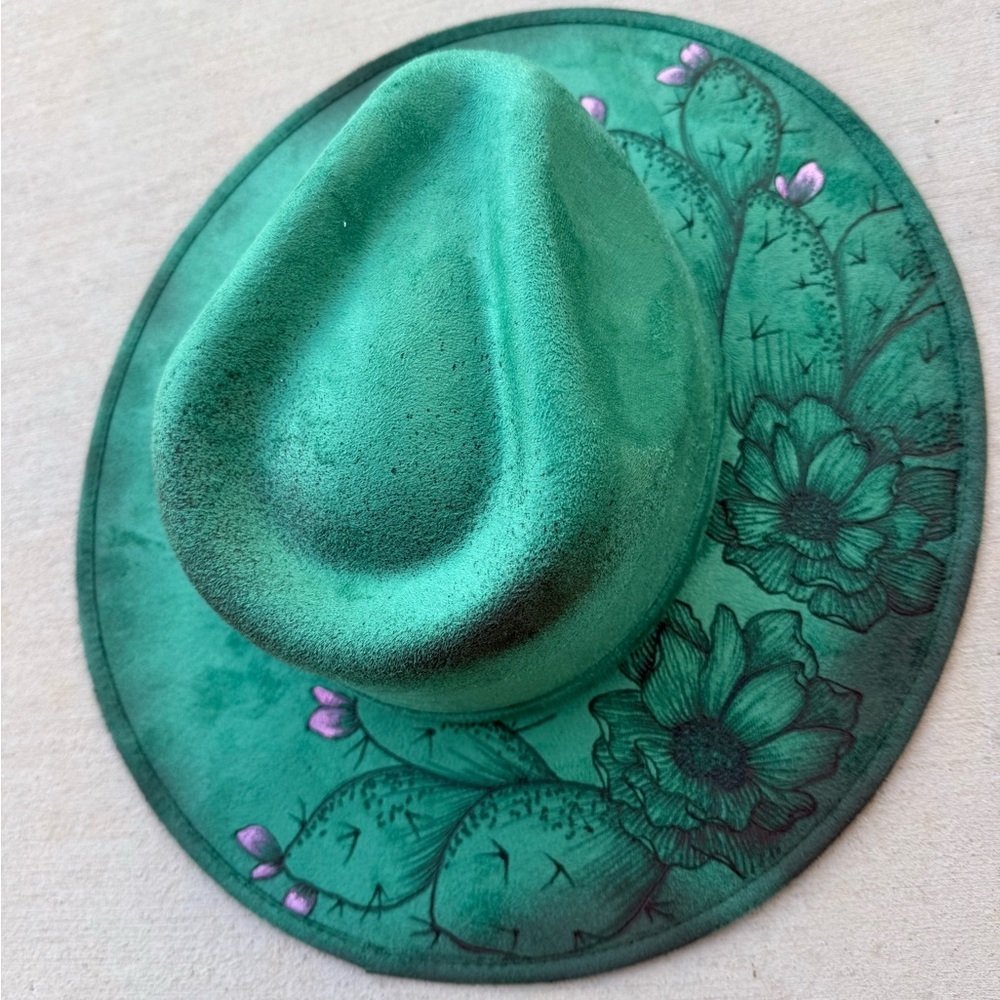 Jade Green Cactus Rancher Cowboy Hat Burned Fedora Custom Wide Brim